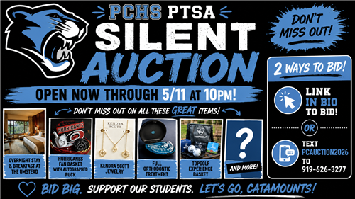 PCHS Silent Auction: Ends 5/11 @ 10 PM, Text PCAUCTION2026 to 919-626-3277
